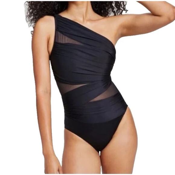 MiracleSuit Womens Jena One Shoulder One Piece Size 16 Black Mesh Slimming Beach - Picture 2 of 16